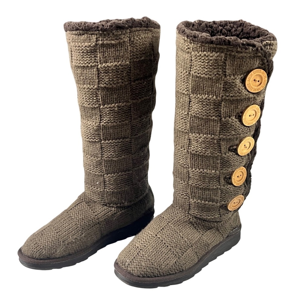 Muk Luks Womens Tall Knit Boots Olive Brown Wooden Button Checkerboard Size 7